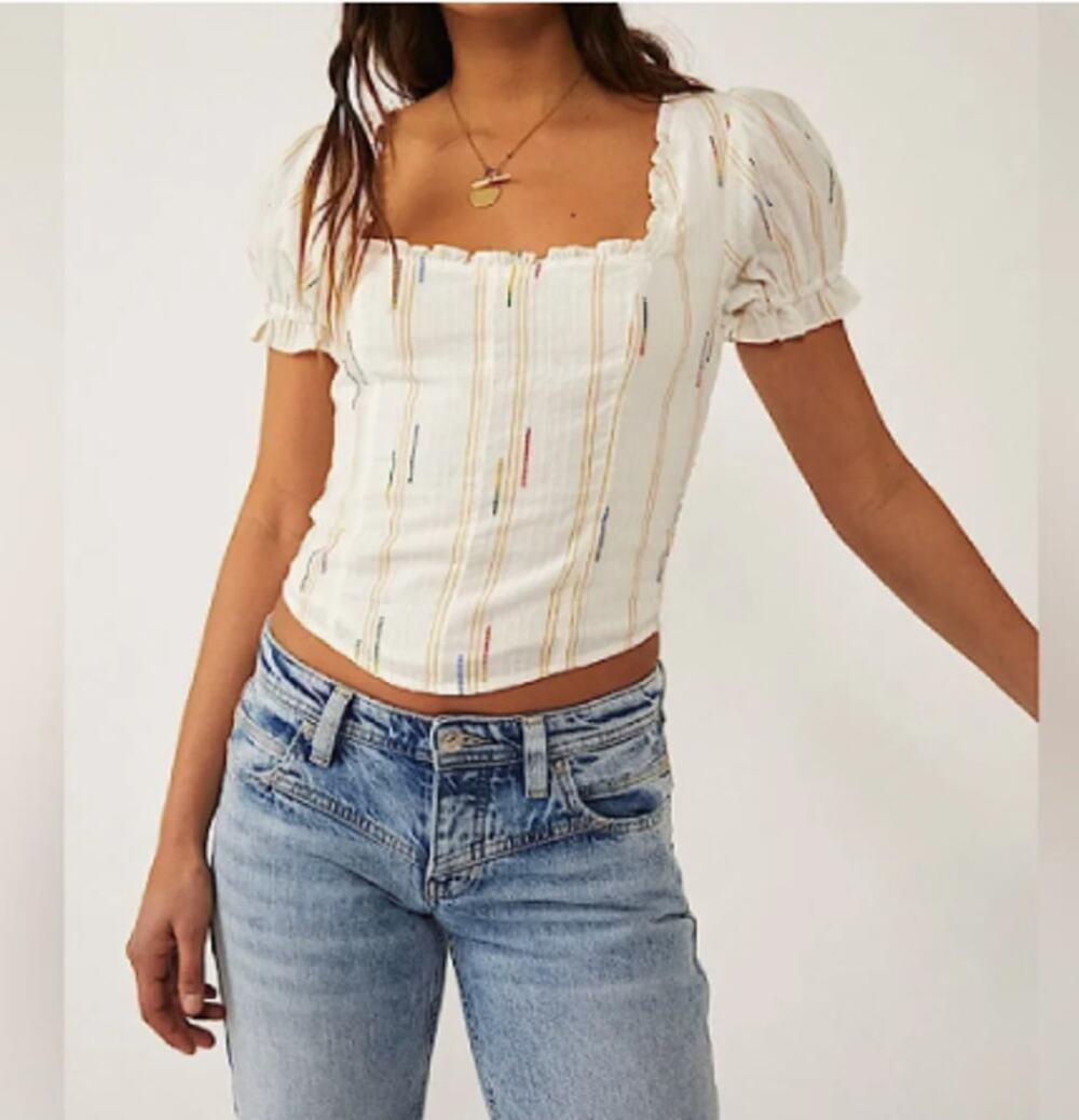 Free People Seratonin Corset Top Shirt Blouse Linen Ivory Combo Boho